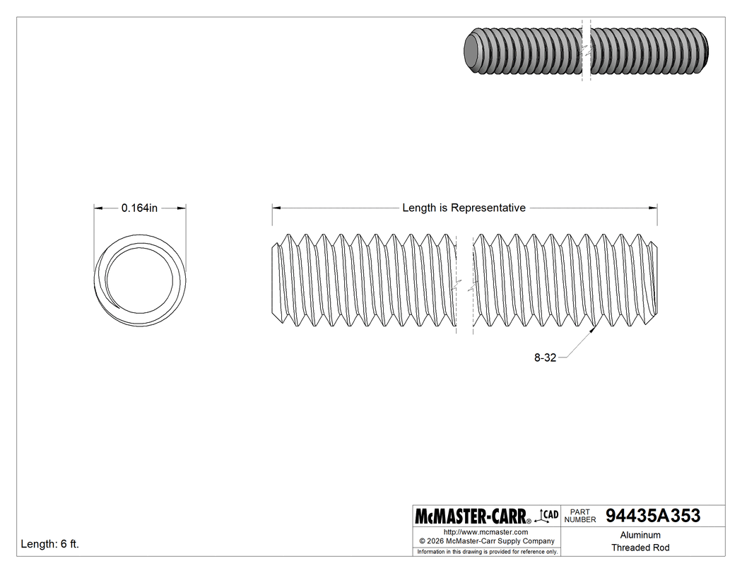 Technical Drawing of Aluminum Threaded Rod, 8-32 Thread Size, 6 Feet Long.